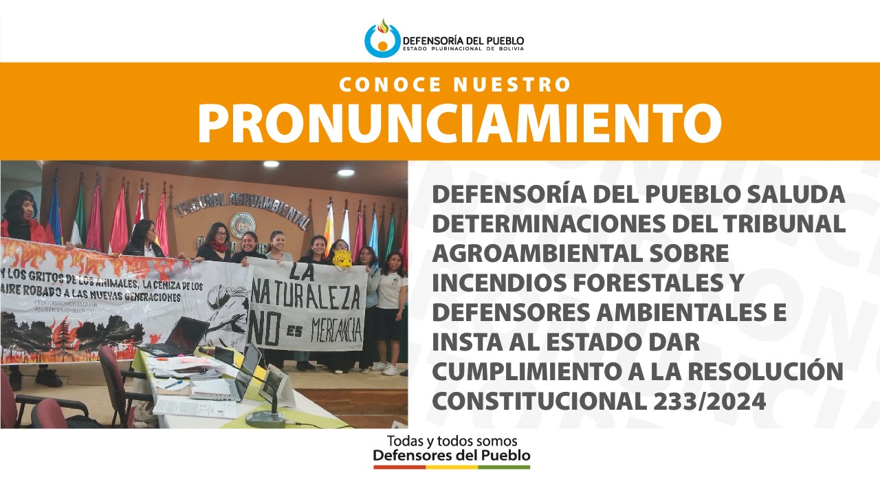 DEFENSORÍA DEL PUEBLO SALUDA DETERMINACIONES DEL TRIBUNAL AGROAMBIENTAL SOBRE INCENDIOS FORESTALES Y DEFENSORES AMBIENTALES E INSTA AL ESTADO DAR CUMPLIMIENTO A LA RESOLUCIÓN CONSTITUCIONAL 233/2024