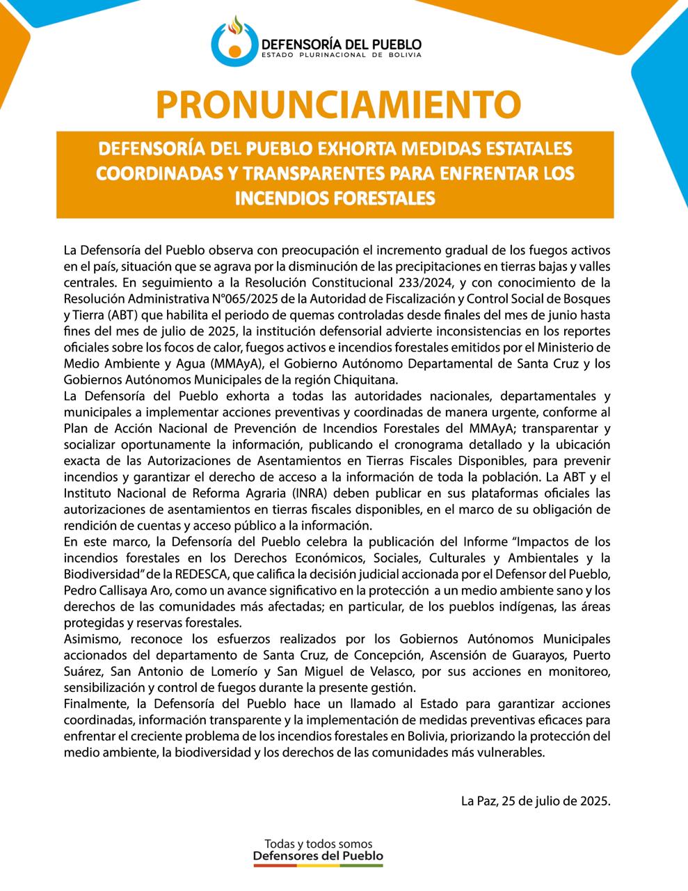 DEFENSORÍA DEL PUEBLO EXHORTA MEDIDAS ESTATALES COORDINADAS Y TRANSPARENTES PARA ENFRENTAR LOS INCENDIOS FORESTALES