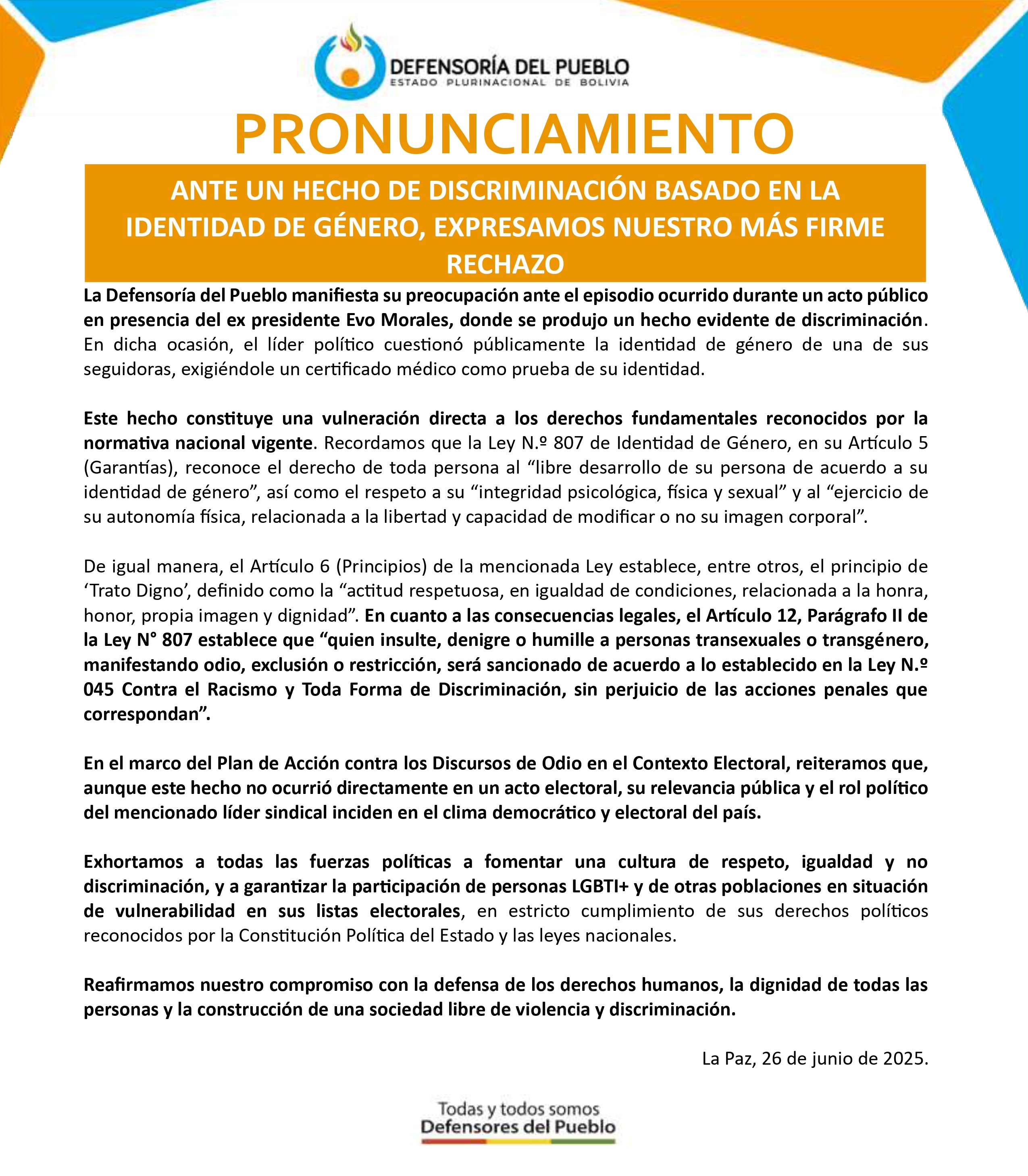 ANTE UN HECHO DE DISCRIMINACIÓN BASADO EN LA IDENTIDAD DE GÉNERO, EXPRESAMOS NUESTRO MÁS FIRME RECHAZO