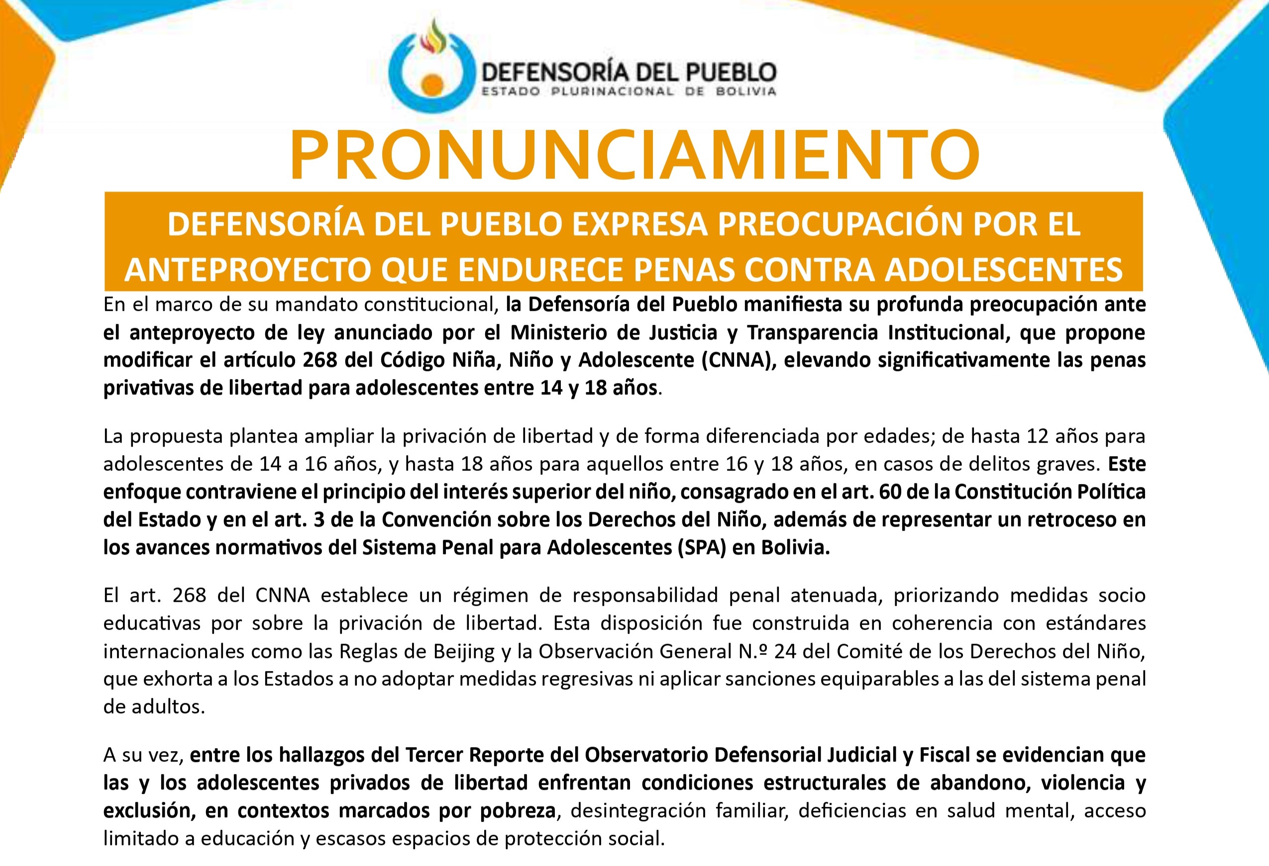 DEFENSORÍA DEL PUEBLO EXPRESA PREOCUPACIÓN POR ANTEPROYECTO QUE ENDURECE PENAS CONTRA ADOLESCENTES