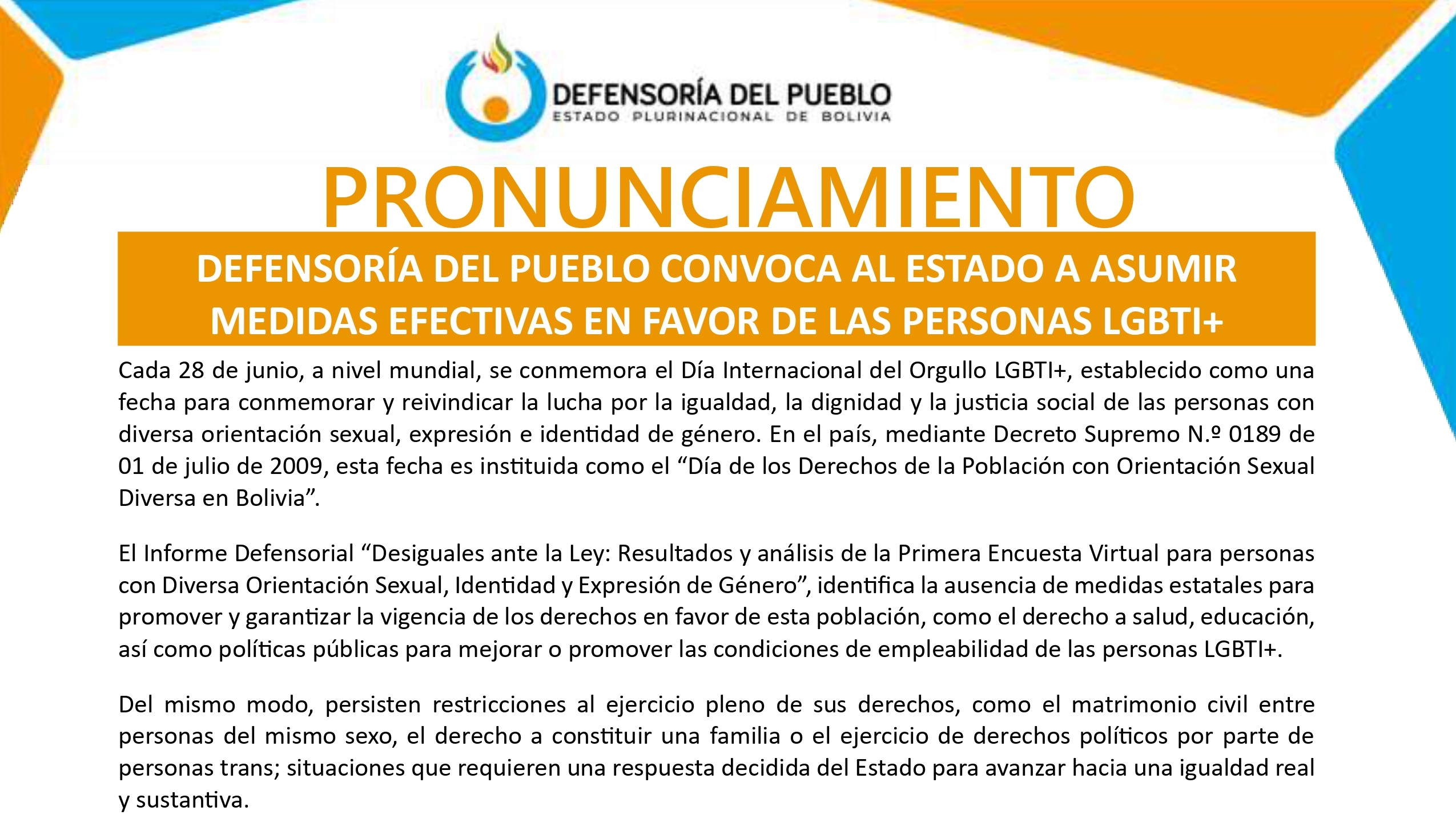 DEFENSORÍA DEL PUEBLO CONVOCA AL ESTADO A ASUMIR MEDIDAS EFECTIVAS EN FAVOR DE LAS PERSONAS LGBTI+