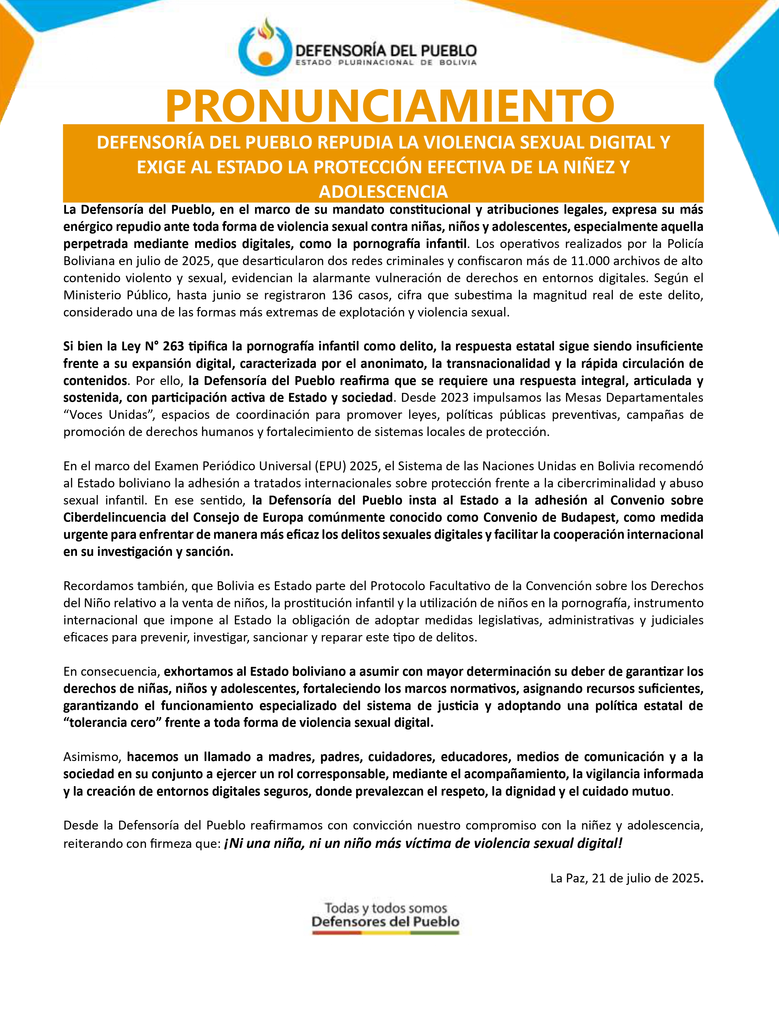 DEFENSORÍA DEL PUEBLO REPUDIA LA VIOLENCIA SEXUAL DIGITAL Y EXIGE AL ESTADO LA PROTECCIÓN EFECTIVA DE LA NIÑEZ Y ADOLESCENCIA