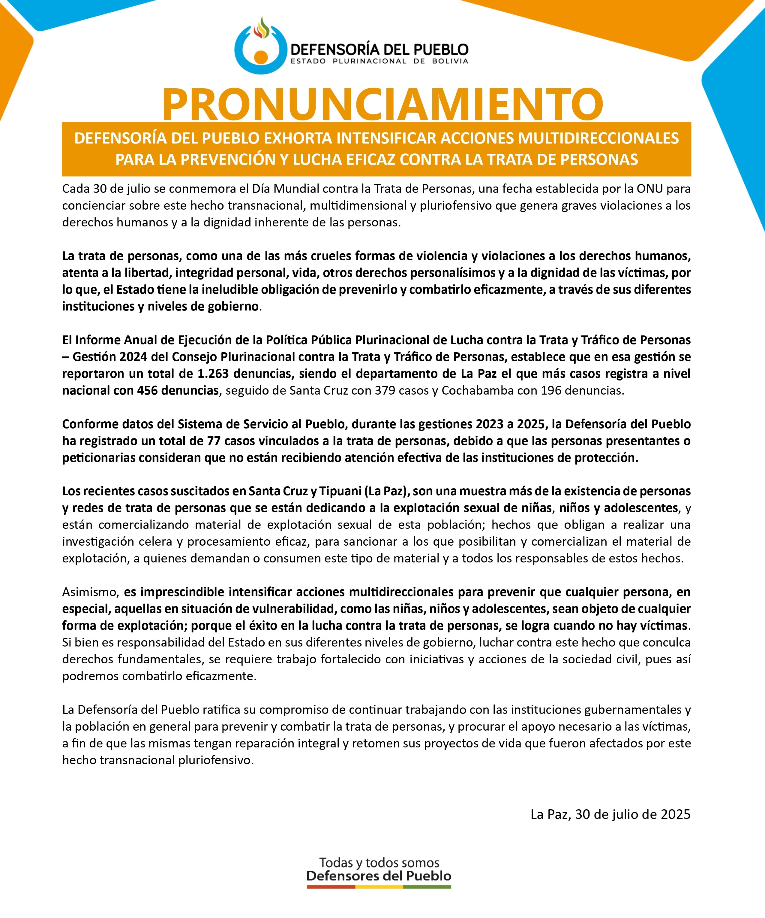 DEFENSORÍA DEL PUEBLO EXHORTA INTENSIFICAR ACCIONES MULTIDIRECCIONALES PARA LA PREVENCIÓN Y LUCHA EFICAZ CONTRA LA TRATA DE PERSONAS