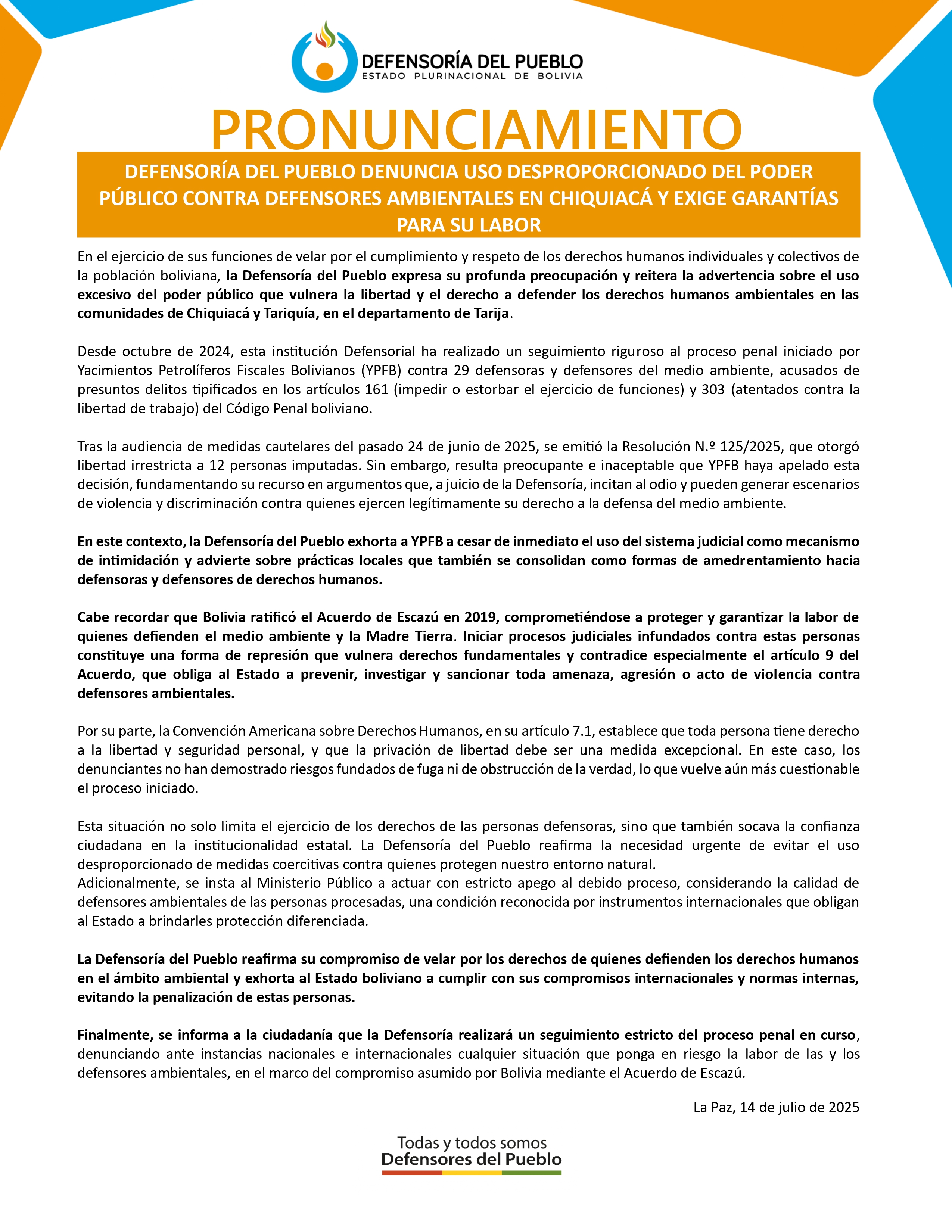 DEFENSORÍA DEL PUEBLO DENUNCIA USO DESPROPORCIONADO DEL PODER PÚBLICO CONTRA DEFENSORES AMBIENTALES EN CHIQUIACÁ Y EXIGE GARANTÍAS PARA SU LABOR