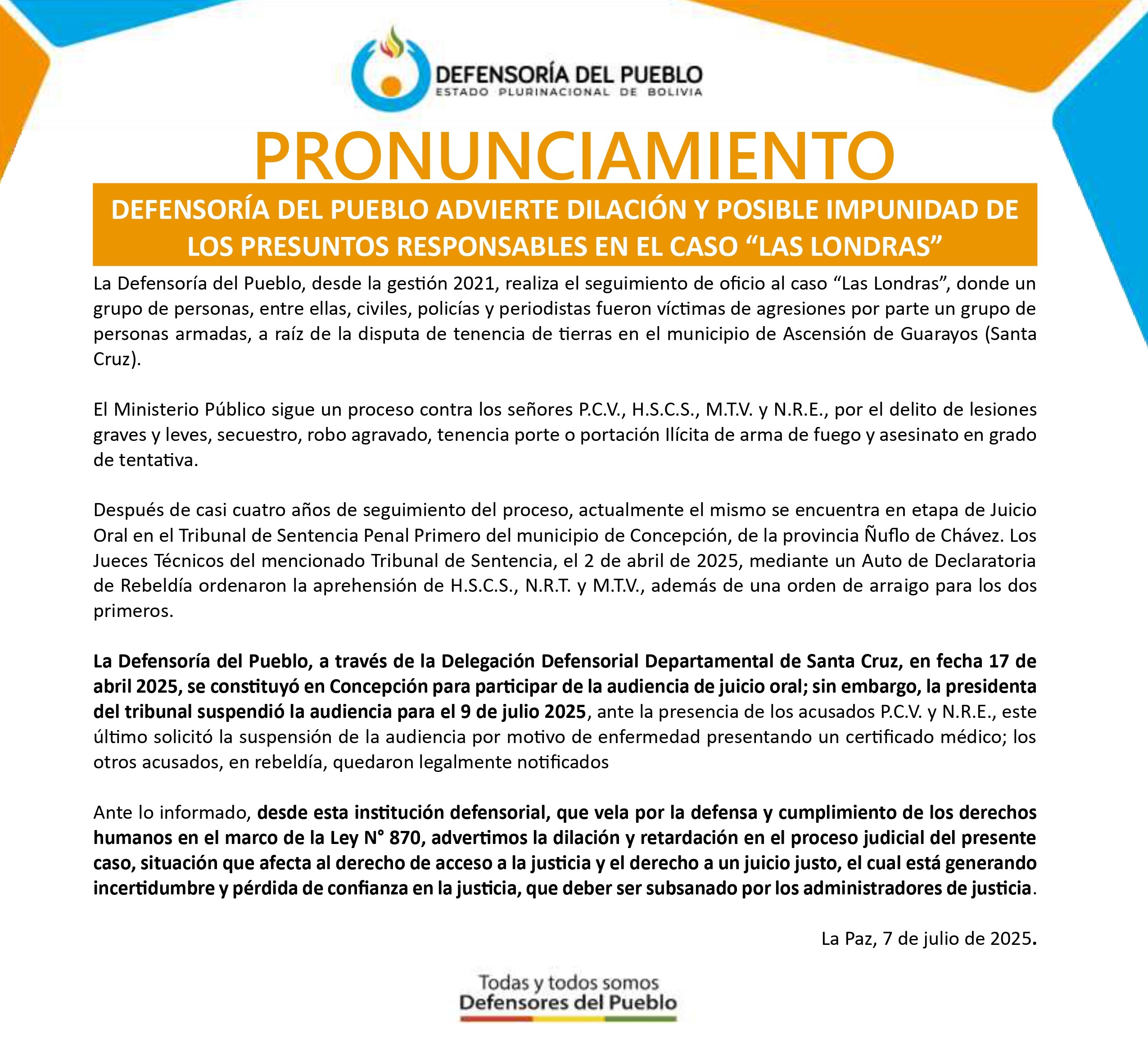 DEFENSORÍA DEL PUEBLO ADVIERTE DILACIÓN Y POSIBLE IMPUNIDAD DE LOS PRESUNTOS RESPONSABLES EN EL CASO “LAS LONDRAS”