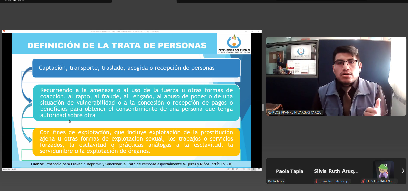 DEFENSORÍA DEL PUEBLO CAPACITA A PERSONAL DE SALUD EN MATERIA DE LUCHA CONTRA LA TRATA DE PERSONAS, ABORDAJE Y ATENCIÓN INTERINSTITUCIONAL